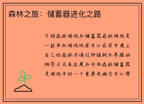 森林之旅：储蓄器进化之路